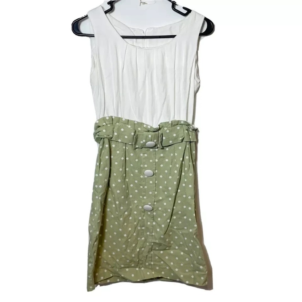 Vintage Polka Dot Sleeveless Mini Dress Womens XS‎ White Green Button Round Neck
